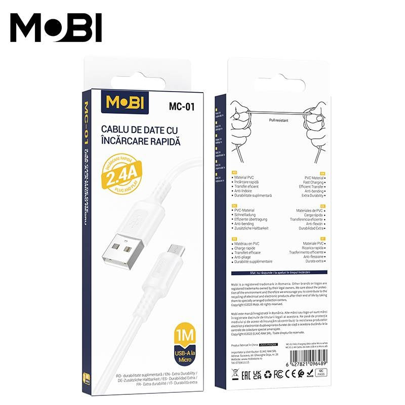 Cablu Date Mobi MC-01 USB-A la MicroUSB 2.4A, 1m, Alb - imagine 3