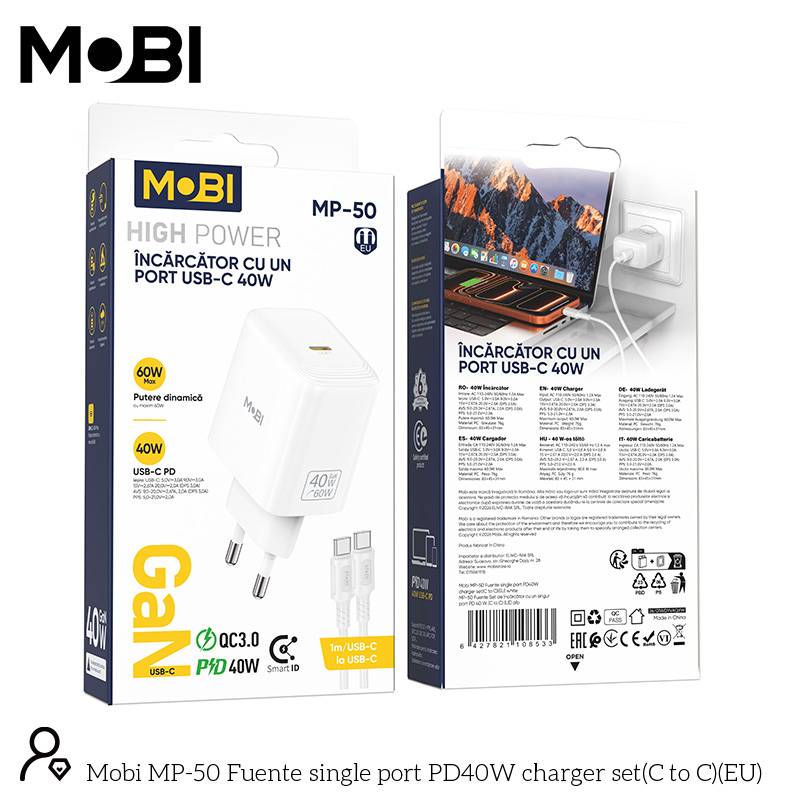 Incarcator priza Mobi MP-50 cu un port USB-C PD 40W set cu cablu USB-C la USB-C alb