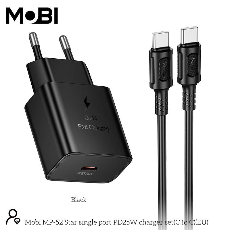 Incarcator priza Mobi MP-52 cu un port USB-C PD 25W set cu cablu USB-C la USB-C negru