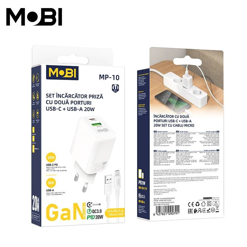 Set Încărcător Priză Mobi MP-10 Dual Port USB-C PD 20W + USB-A QC 3.0 - imagine 3
