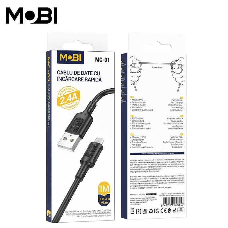 Cablu Date Mobi MC-01 USB-A la MicroUSB 2.4A, 1m, Negru - imagine 3