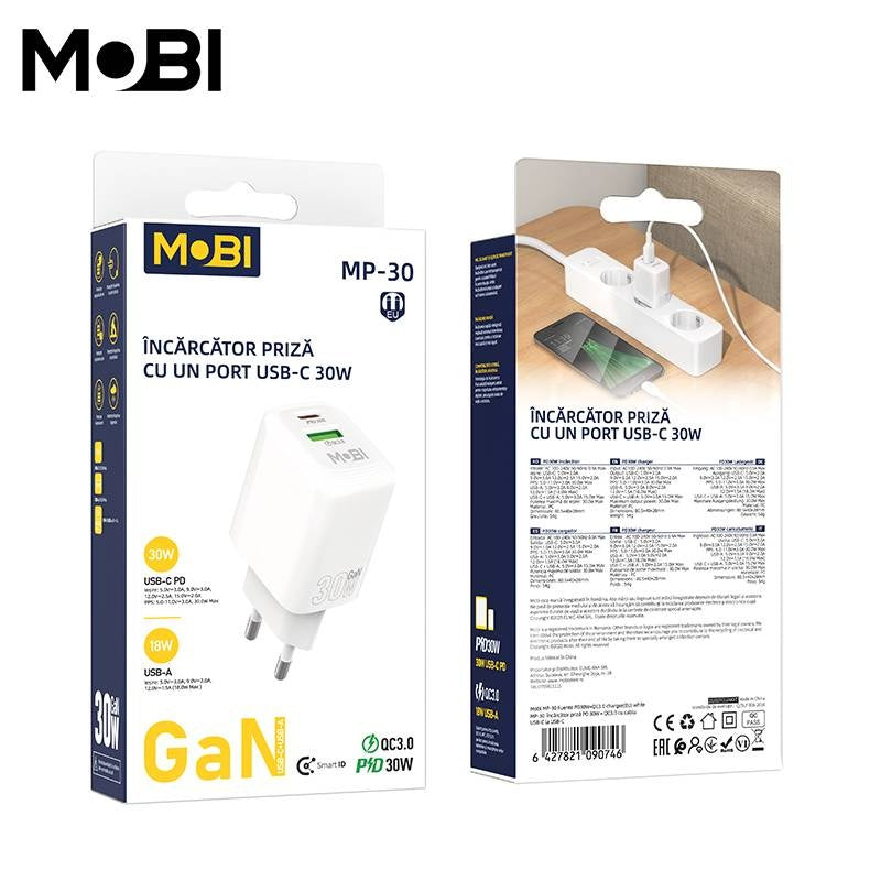 Încărcător Priză Mobi MP-30 30W USB-C PD + USB-A QC 3.0, Alb - imagine 3