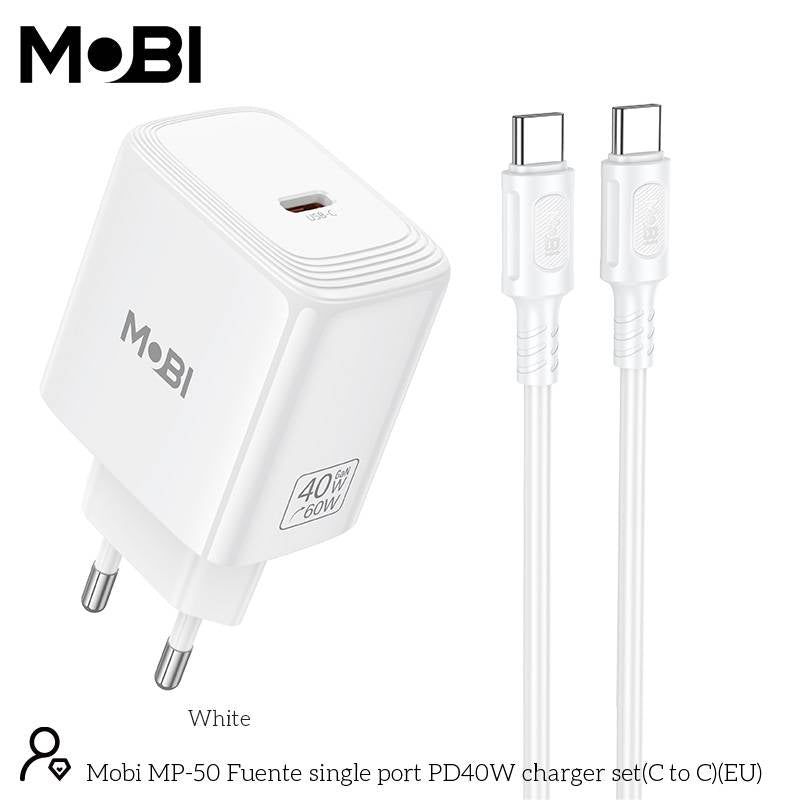 Incarcator priza Mobi MP-50 cu un port USB-C PD 40W set cu cablu USB-C la USB-C alb
