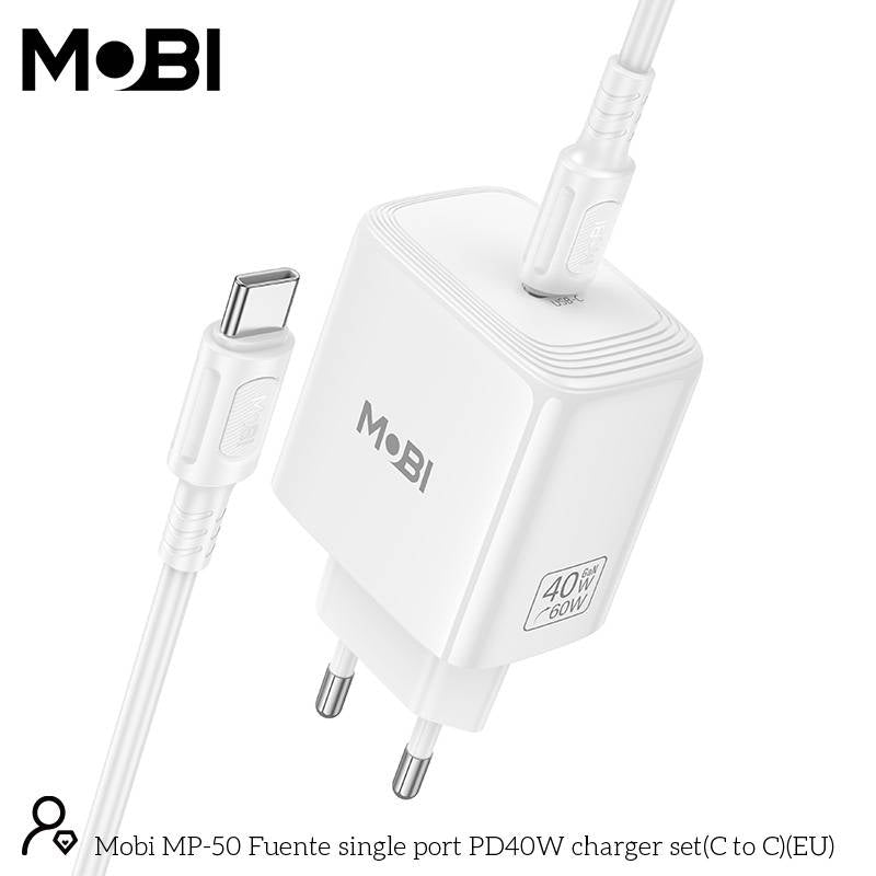 Incarcator priza Mobi MP-50 cu un port USB-C PD 40W set cu cablu USB-C la USB-C alb