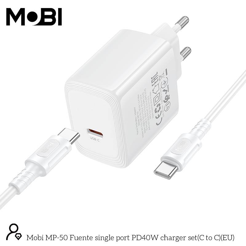 Incarcator priza Mobi MP-50 cu un port USB-C PD 40W set cu cablu USB-C la USB-C alb