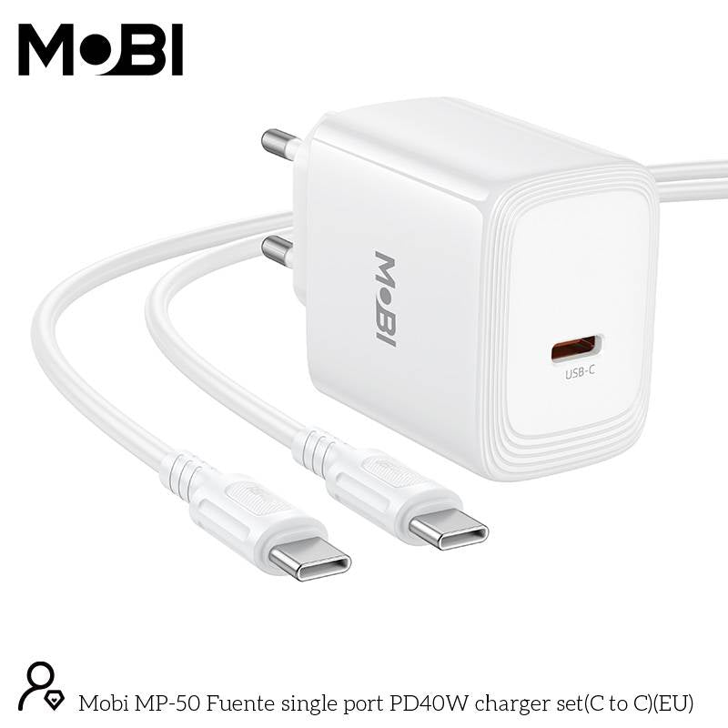 Incarcator priza Mobi MP-50 cu un port USB-C PD 40W set cu cablu USB-C la USB-C alb