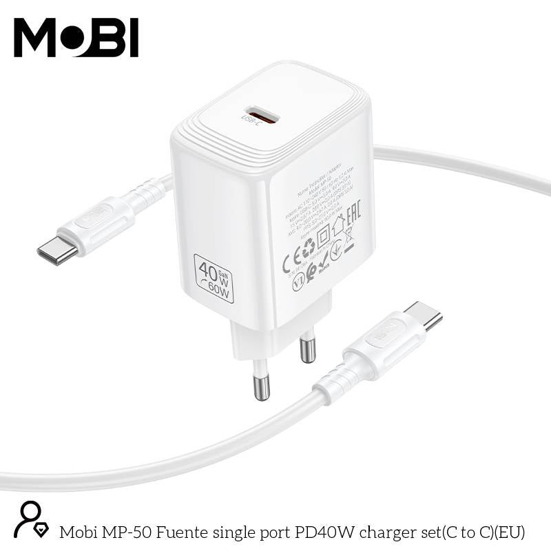 Incarcator priza Mobi MP-50 cu un port USB-C PD 40W set cu cablu USB-C la USB-C alb