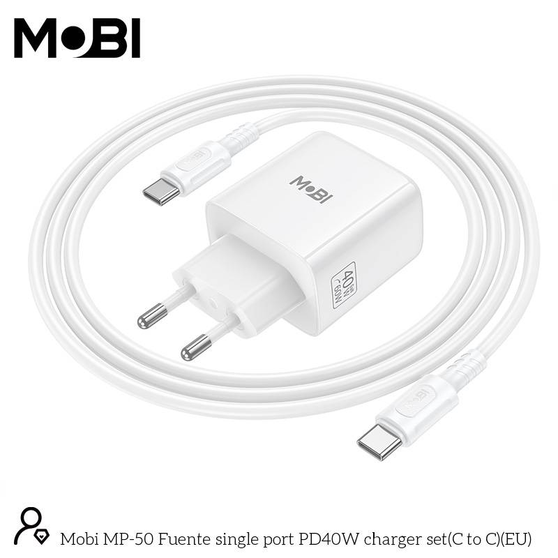 Incarcator priza Mobi MP-50 cu un port USB-C PD 40W set cu cablu USB-C la USB-C alb