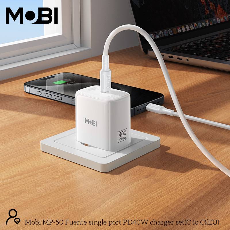 Incarcator priza Mobi MP-50 cu un port USB-C PD 40W set cu cablu USB-C la USB-C alb