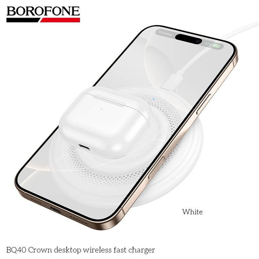 Încărcător Wireless Borofone BQ40 Crown 15W Qi, USB-C, ABS+PC, 102mm