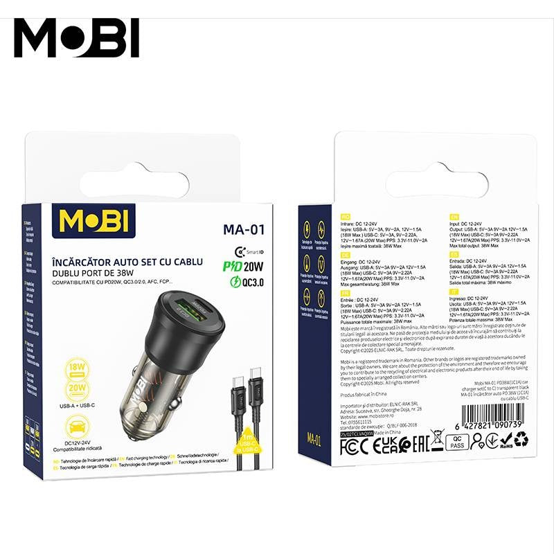 Set Încărcător Auto Mobi MA-01 Dual Port USB-C PD + USB-A QC 3.0 38W - imagine 3