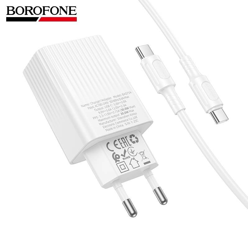 Set Încărcător Priză Borofone BAS75A USB-C PD 30W + Cablu USB-C, Alb - imagine 2