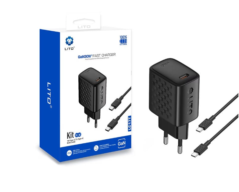 Set Încărcător Priză Lito LC17T USB-C PD 30W + Cablu USB-C, Negru - imagine 3