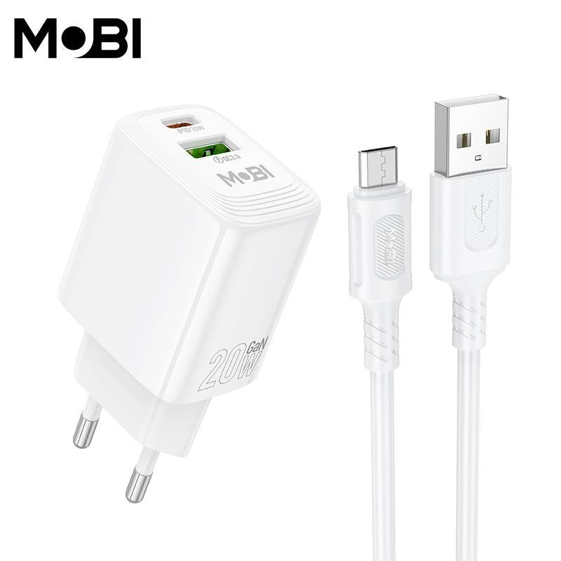 Set Încărcător Priză Mobi MP-10 Dual Port USB-C PD 20W + USB-A QC 3.0
