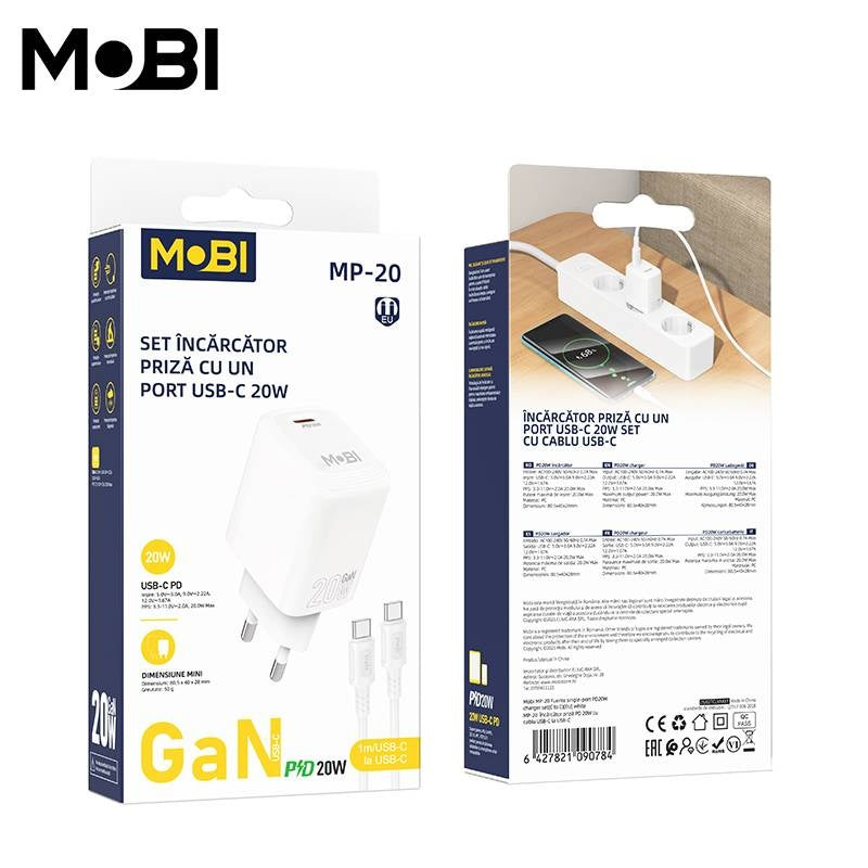 Set Încărcător Priză Mobi MP-20 USB-C PD 20W + Cablu USB-C la USB-C - imagine 3