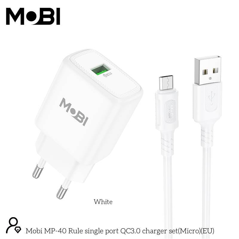 Set Încărcător Priză Mobi MP-40 18W QC 3.0 + Cablu USB-A la MicroUSB