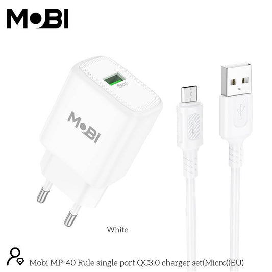 Set Încărcător Priză Mobi MP-40 18W QC 3.0 + Cablu USB-A la MicroUSB