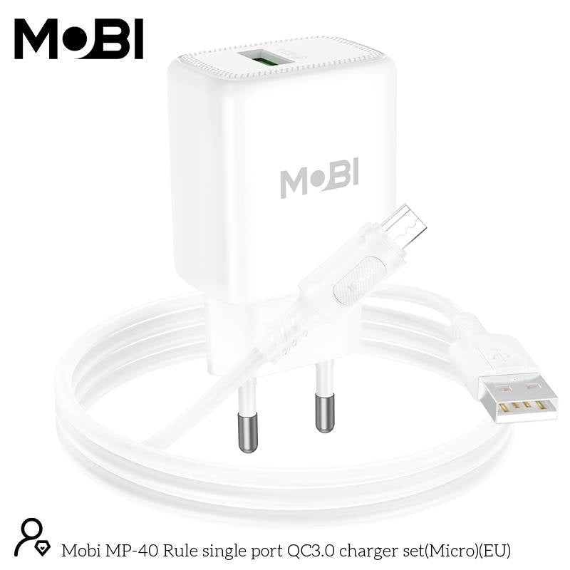 Set Încărcător Priză Mobi MP-40 18W QC 3.0 + Cablu USB-A la MicroUSB - imagine 2