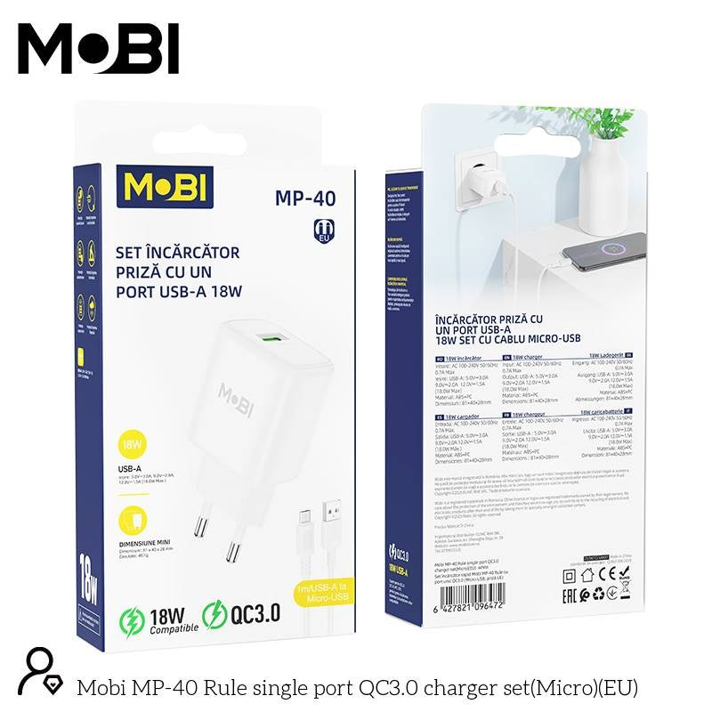 Set Încărcător Priză Mobi MP-40 18W QC 3.0 + Cablu USB-A la MicroUSB - imagine 3