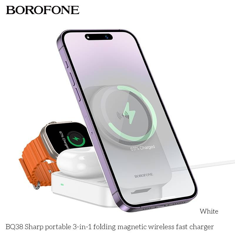 Stație Încărcare Wireless Borofone BQ38 Sharp 3 în 1, 15W, MagSafe