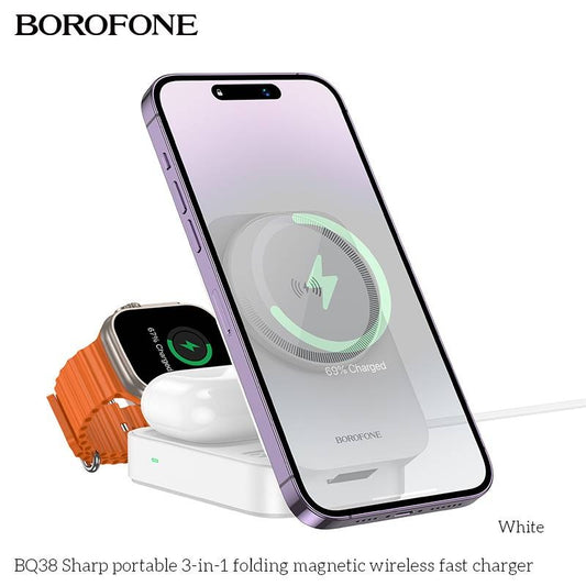 Stație Încărcare Wireless Borofone BQ38 Sharp 3 în 1, 15W, MagSafe